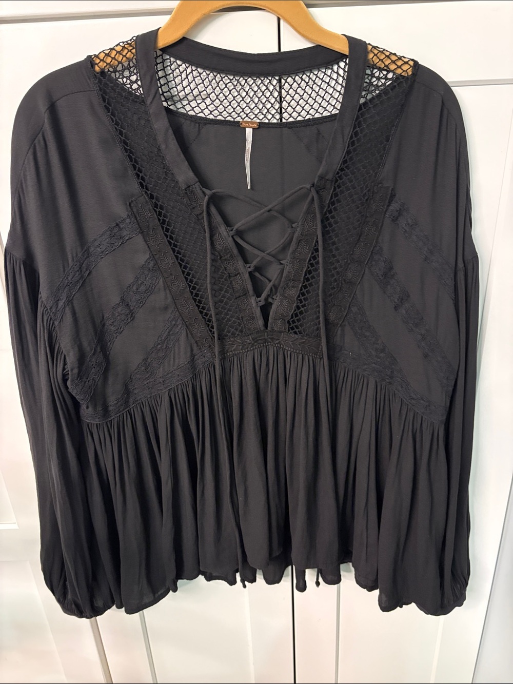 Free People Black Lace-Up Crochet Peasant Blouse